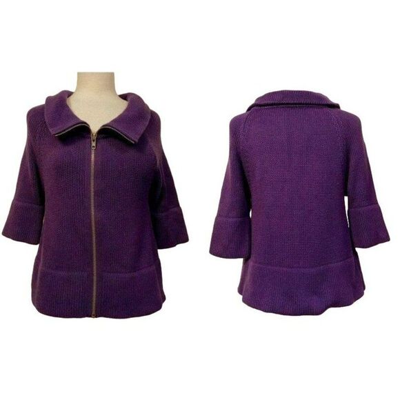 Kenneth Cole Reaction Zip Front Purple Cardigan Sweater Cotton Cropped Sz S - Picture 1 of 5